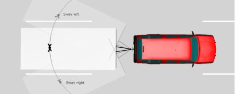 red car towing trailer