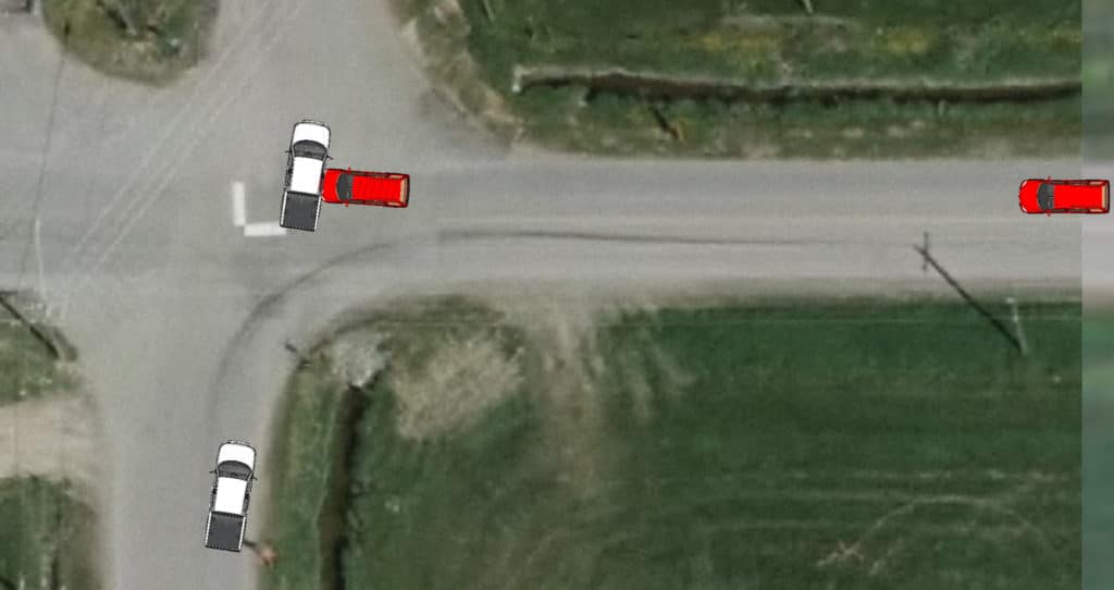 An overhead depiction of a vehicle collision. MEA Forensic worked to reconstruct this accident.