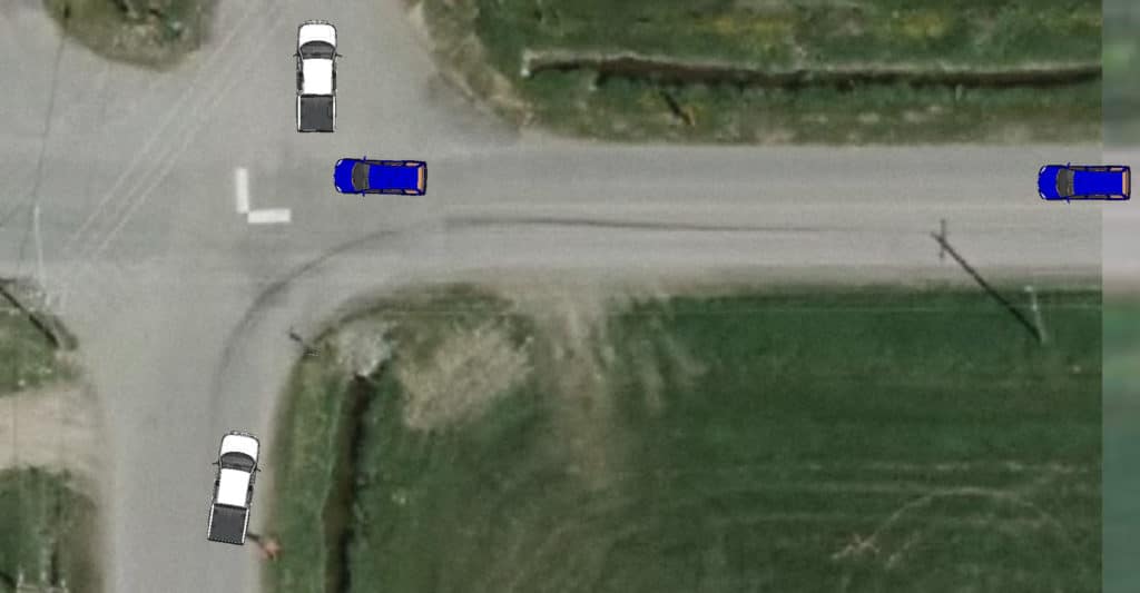 An overhead depiction of a vehicle collision. MEA Forensic worked to reconstruct this accident.