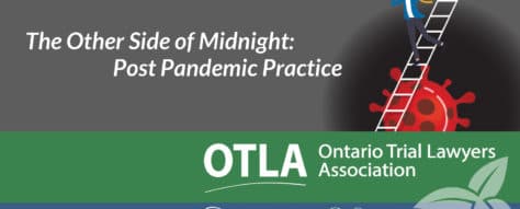 The OTLA 30th anniversary logo with the conference title The Other side of Midnight, and a person climbing a ladder to see what is on the other side of an illustration of a coronavirus