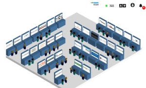the floor plan of the virtual exhibit floor at the OTLA Fall Conference. There are about 30 booths with small 3D attendees walking among them. Attendees can click on a booth to visit an exhibitor.