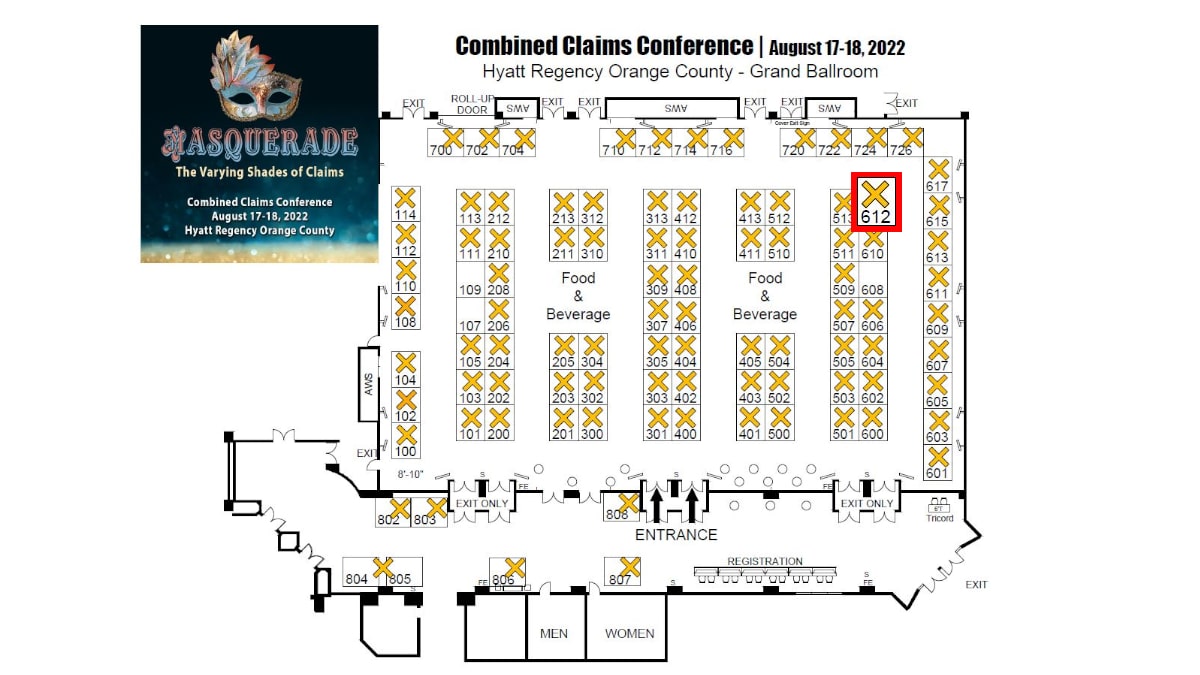 Exhibit floor map of the CCC Conference 2022 showing MEA Forensic's booth number 612 at the top right corner of the hall